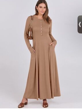 Long Sleeve Taupe Maxi Dress with Front Buttons